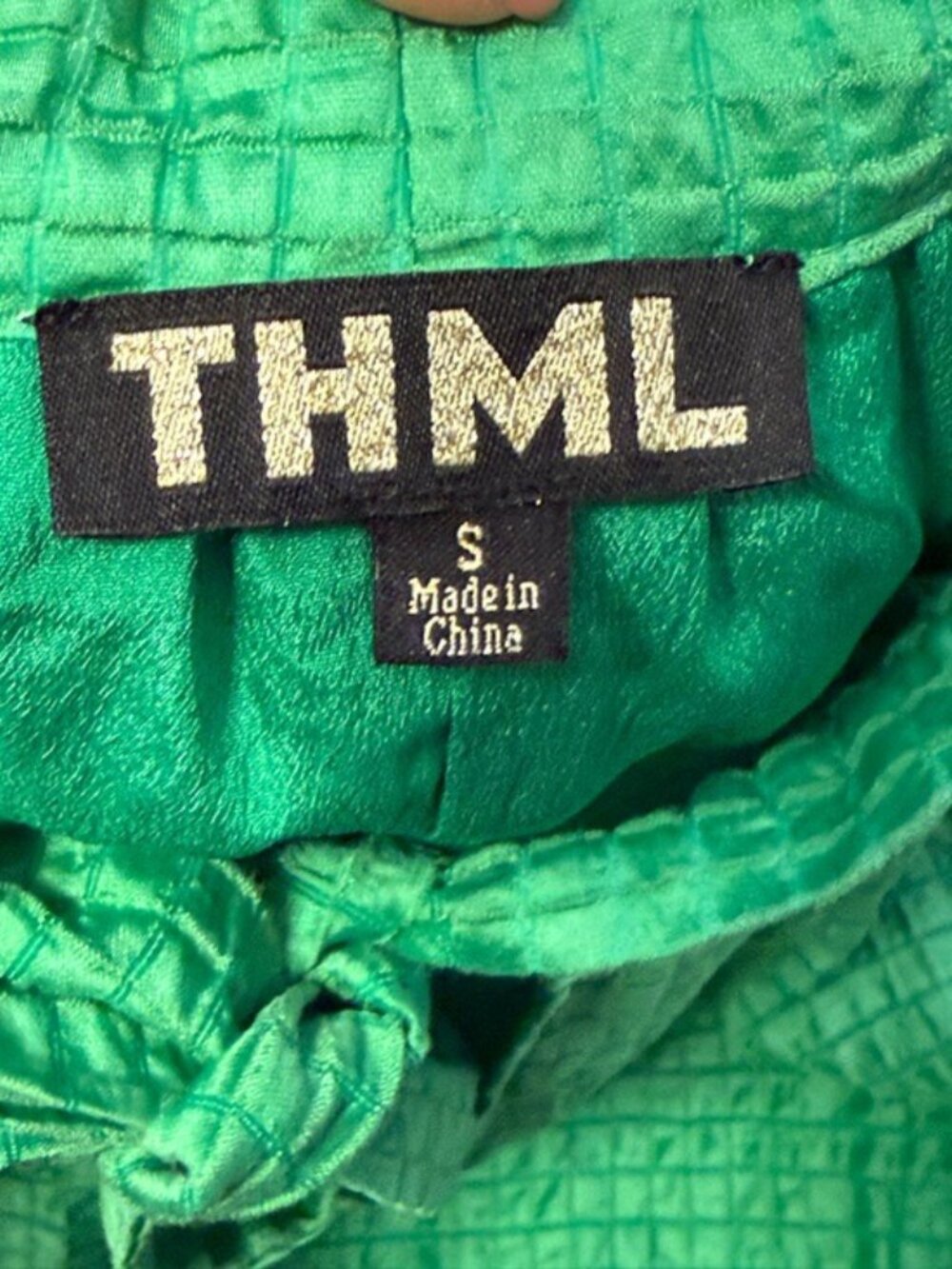 THML Green Textured Mini Dress Small Tie Neck Puff Sleeve Tier Boho Cottagecore - Picture 8 of 12